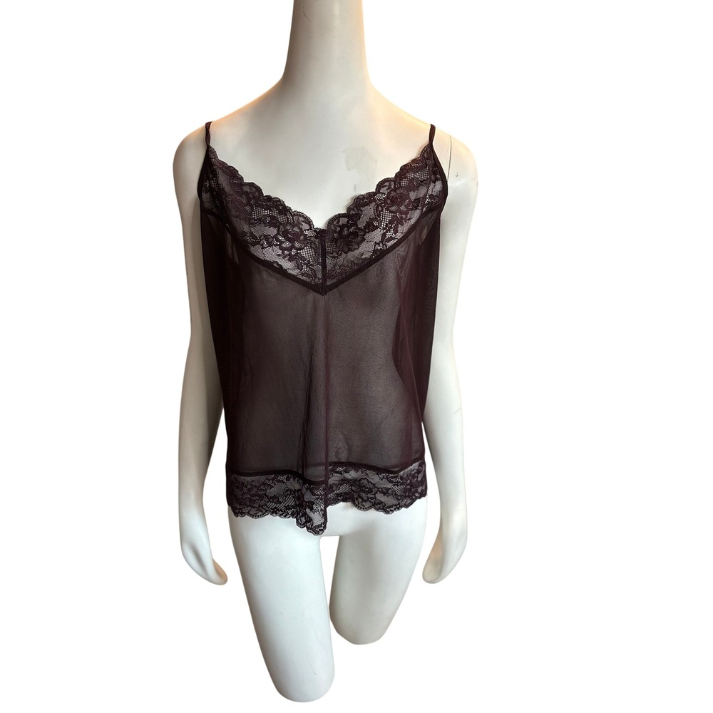 H&M Sheer Lace Trim Mesh Camisole Top Burgundy Wine XL NWT